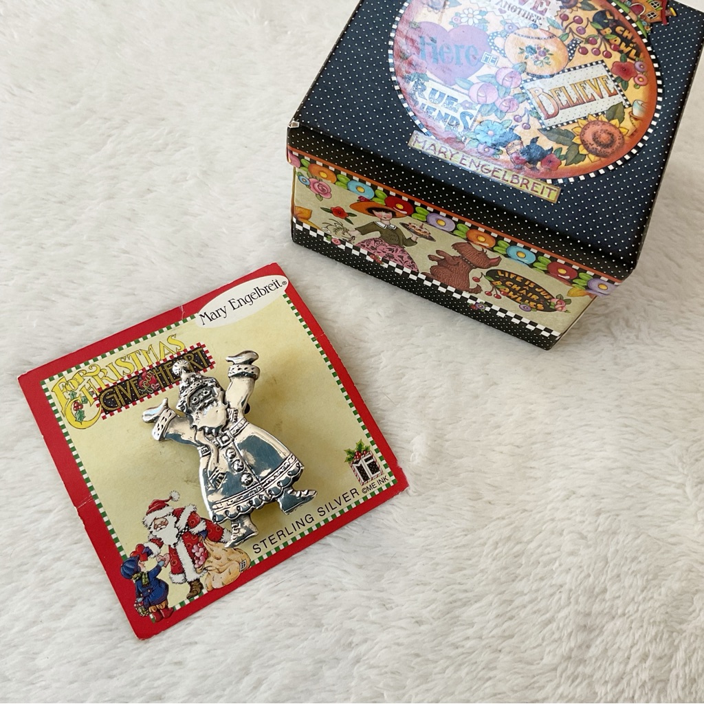 Mary Engelbreit Sterling Silver Santa Pin Vintage Christmas Brooch W/ Box